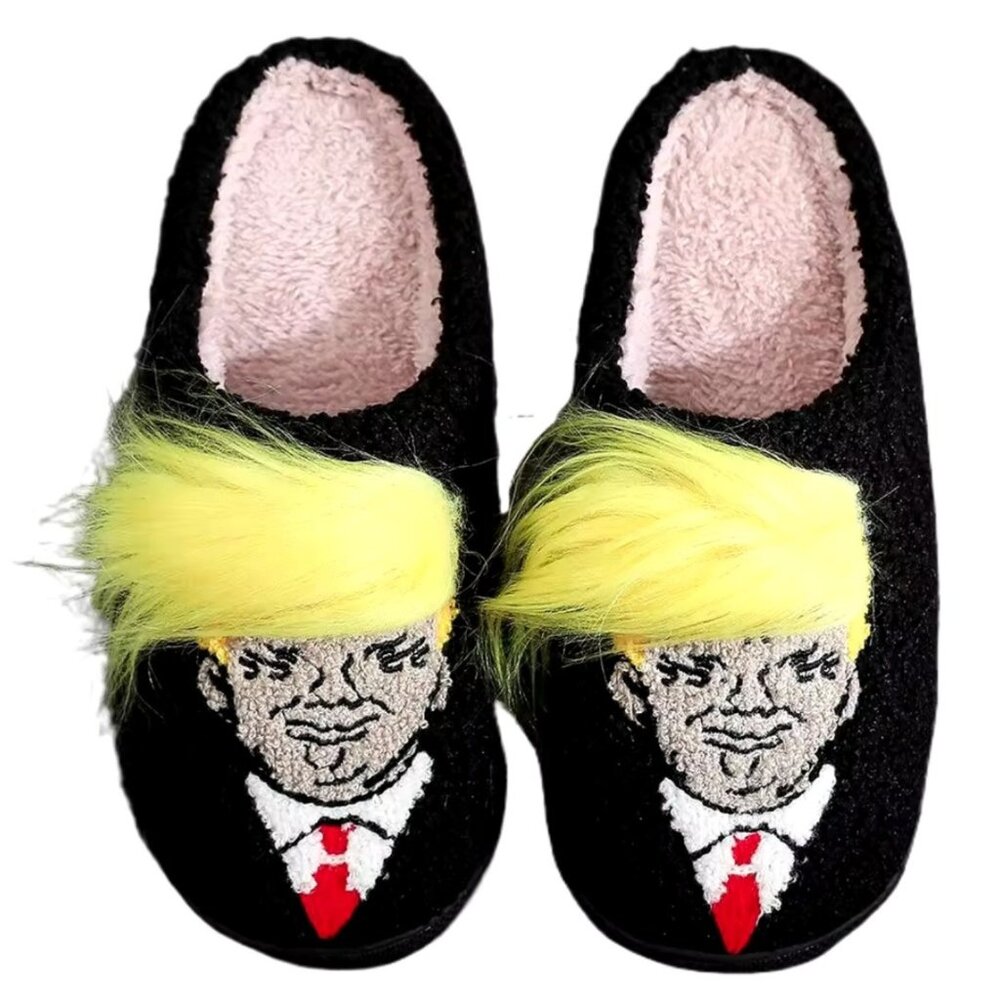 Funny Gift Trump Wig Plush Slippers Indoor Outdoor US Size 9-10 Men's